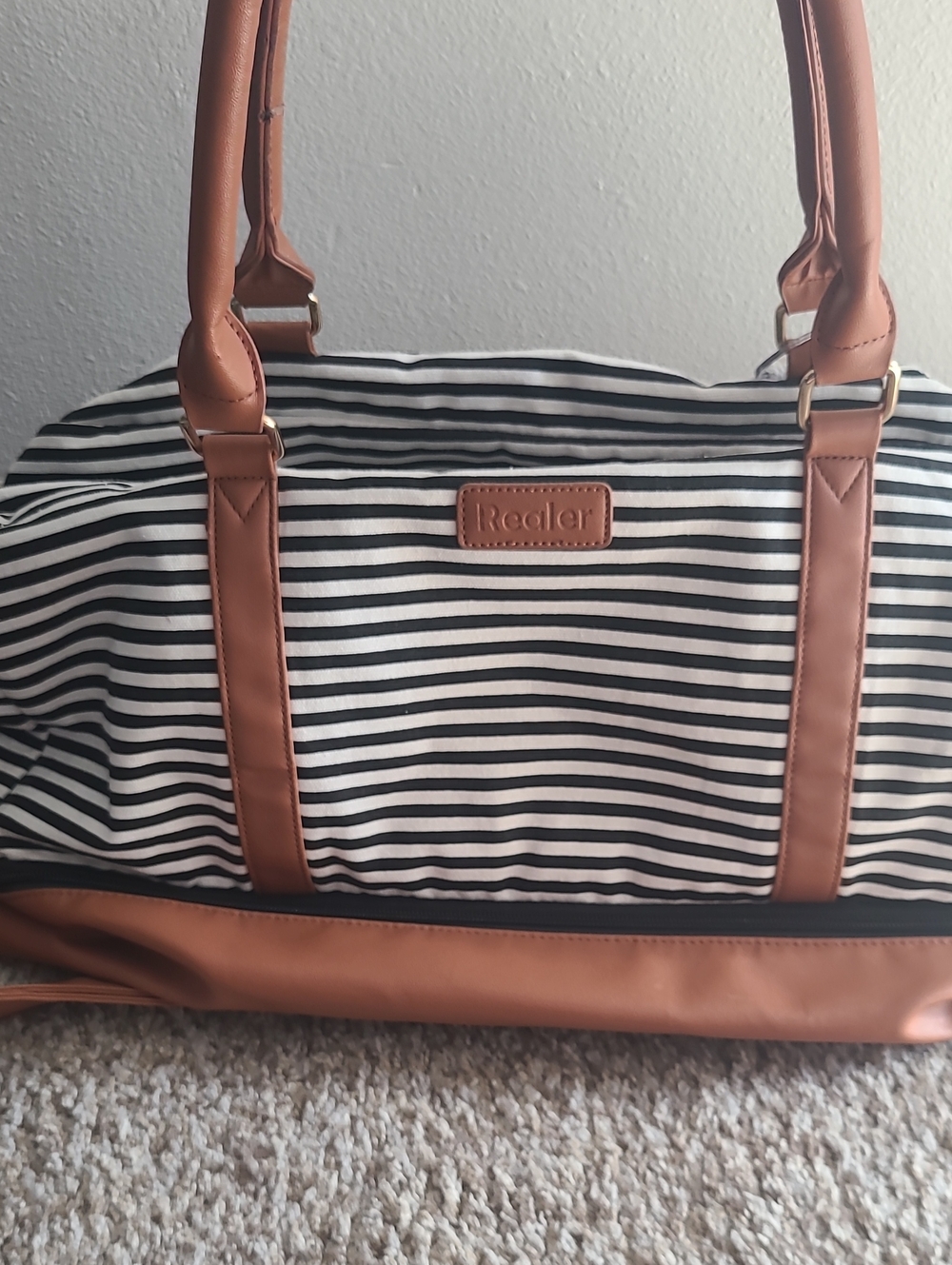 Realer Black & White Striped Duffel with Brown Trim